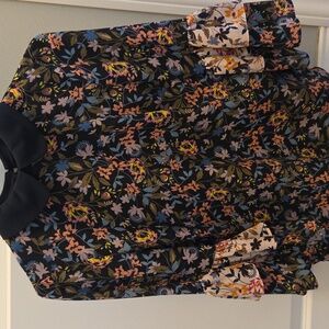 CeCe Navy Collared Floral Blouse with Pink, Peach and Blue Blooms XS